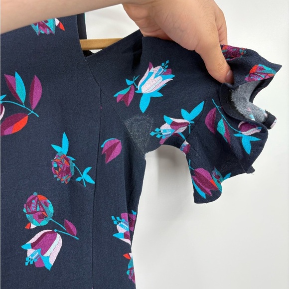 Rebecca Taylor Navy Blue Bellflower Floral Ruffle Cold Shoulder Sheath Dress 4 - Picture 10 of 15